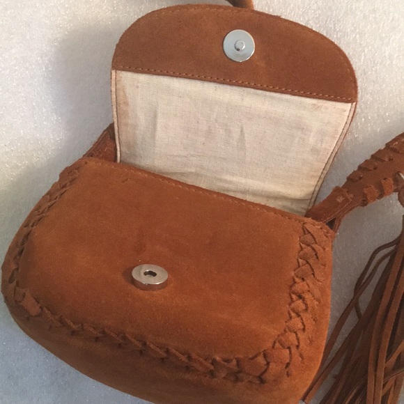 ZARA Suede Leather Mini Crossbody Bag Snap Closure Laced Strap Woven Trim Fringe - Picture 6 of 13